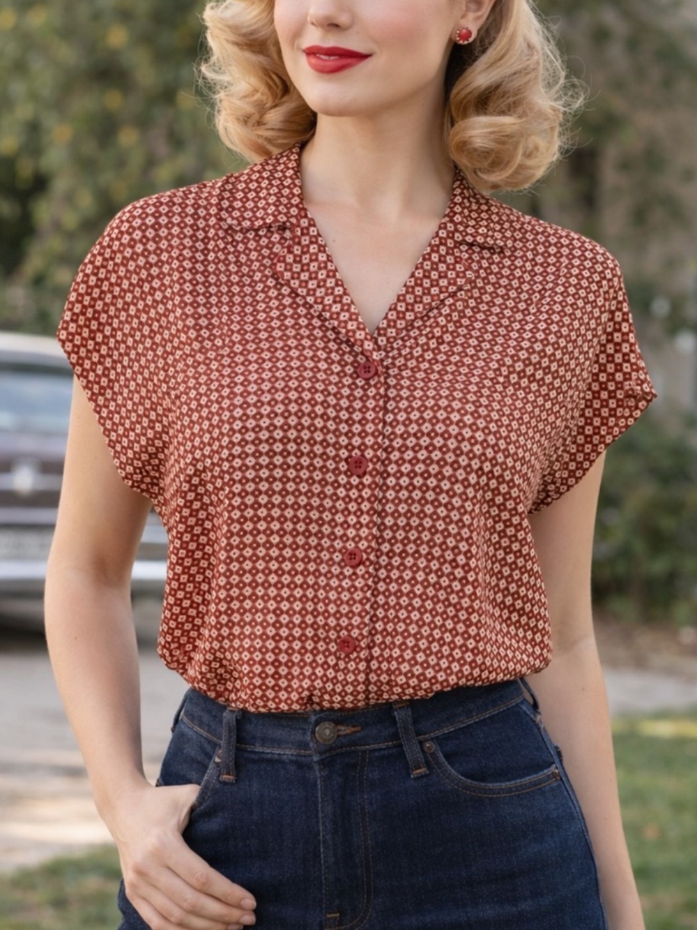 Vintage-Inspired Rust Geo Print Button-Front Blouse